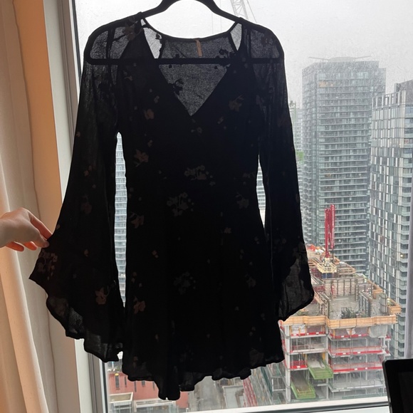 Free People Black/Lilac Jasmine Embroidery Kimono Fit/Flare Dress - Picture 3 of 7